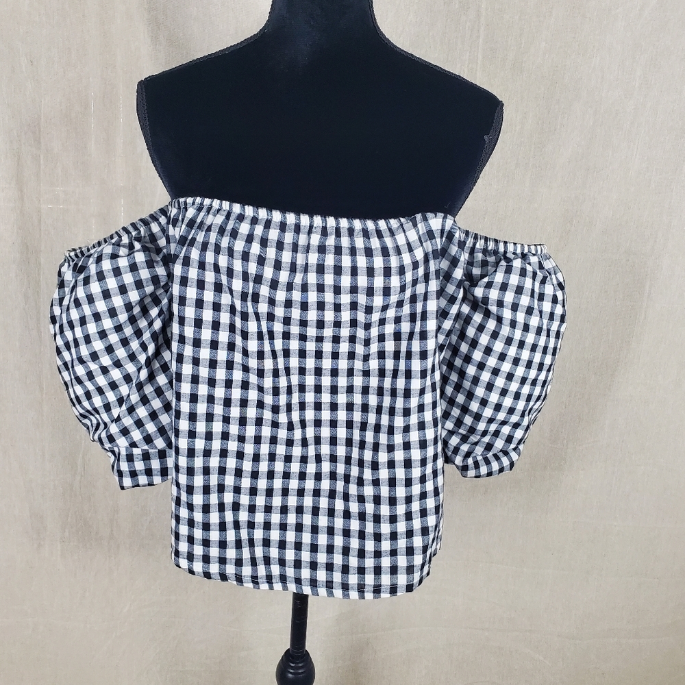 ♡ Parisian Off The Shoulder Top Gingham Plaid Puff Sleeves Size Small